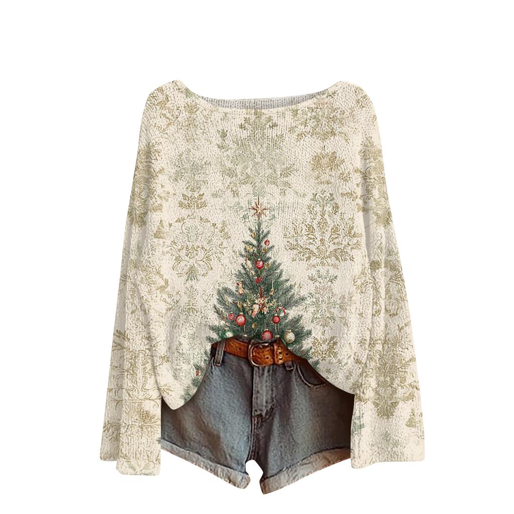 Ladies' Fashionable Casual Long Sleeved Christmas Printed Round Neck Knitted Yarn