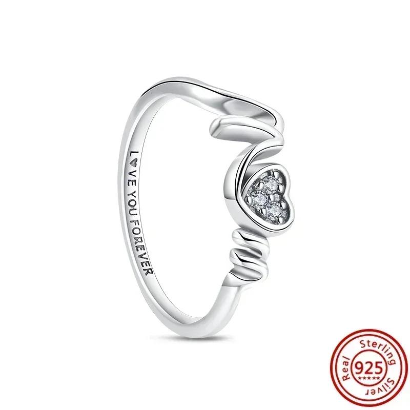 Anillo Original de Plata 925 Corazón Colorido Corona Lazo Luna Concha Cristal para Mujer Regalo de San Valentín Cumpleaños Joyería DIY