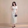 [Spot] French design off-the-shoulder free shawl satin dress summer waist high-end dress fishtail dress