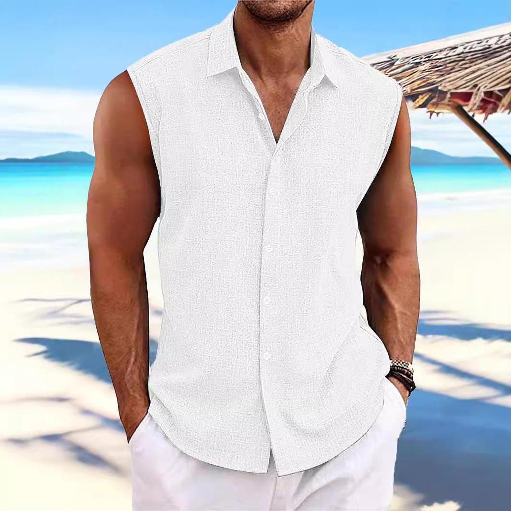 Hawaiian Men's Cotton Linen Sleeveless Beach Shirt
