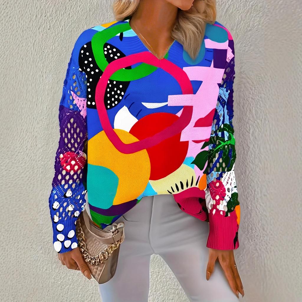 Neues bedrucktes V-Ausschnitt-Oberteil Damen beliebter Pullover Langarm Frühling und Herbst Pullover