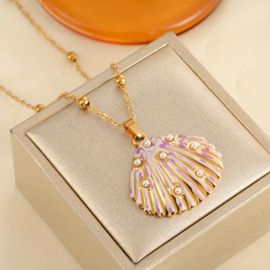 Enamel Shell Pendant Necklace, Faux Pearl Shell Charm Necklace, Summer Beach Necklace, Seaside Vacation Jewelry for Women