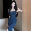 Hong Kong style retro denim suspender dress women's spring and summer 2026 new waist thin split a word long dress skirt