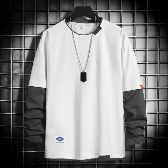 Men Spring T-shirt Fake Two-piece Round Neck Long Sleeves Loose Pullover Keep Warm Contrast Color Friendly to Skin Men Top Men Clothes