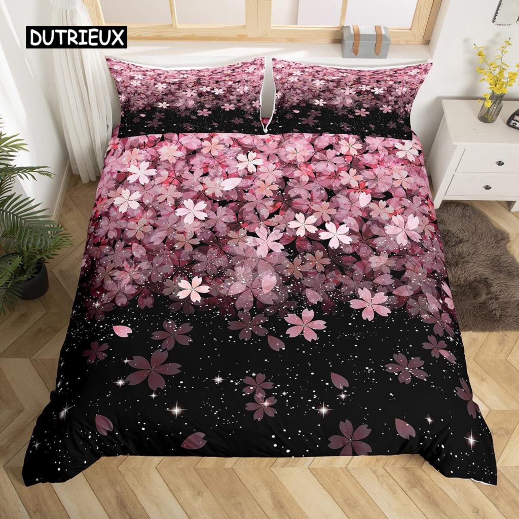 Kirschblüten-Bettbezug-Set, King-Size-Bett, japanischer Stil, romantisches Motiv, rosa Bettbezug-Set, botanisch floral bedruckter Bettbezug
