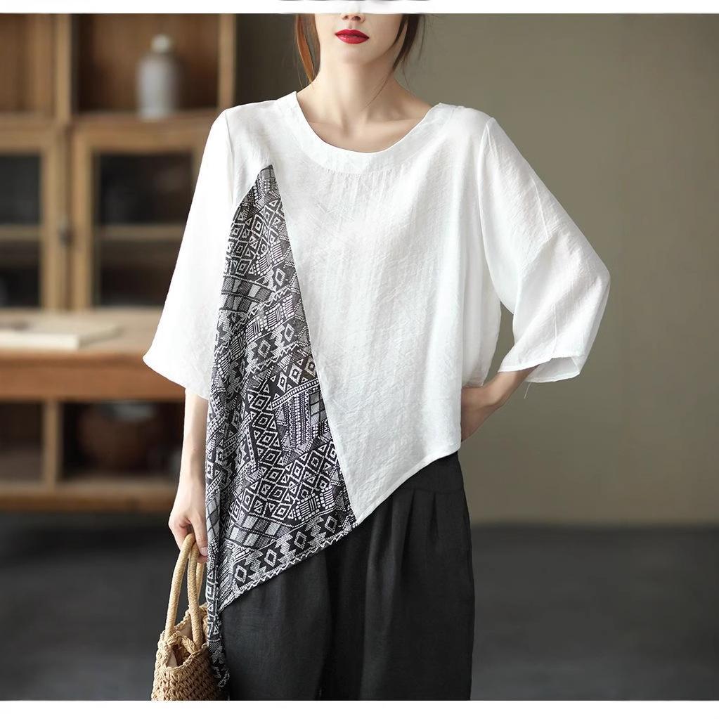 Frühling und Herbst Große Größe Locker Temperament Lässig und Modisch Altersreduzierend Fünf-Punkt-Ärmel Rundhals Baumwoll- und Leinenoberteil