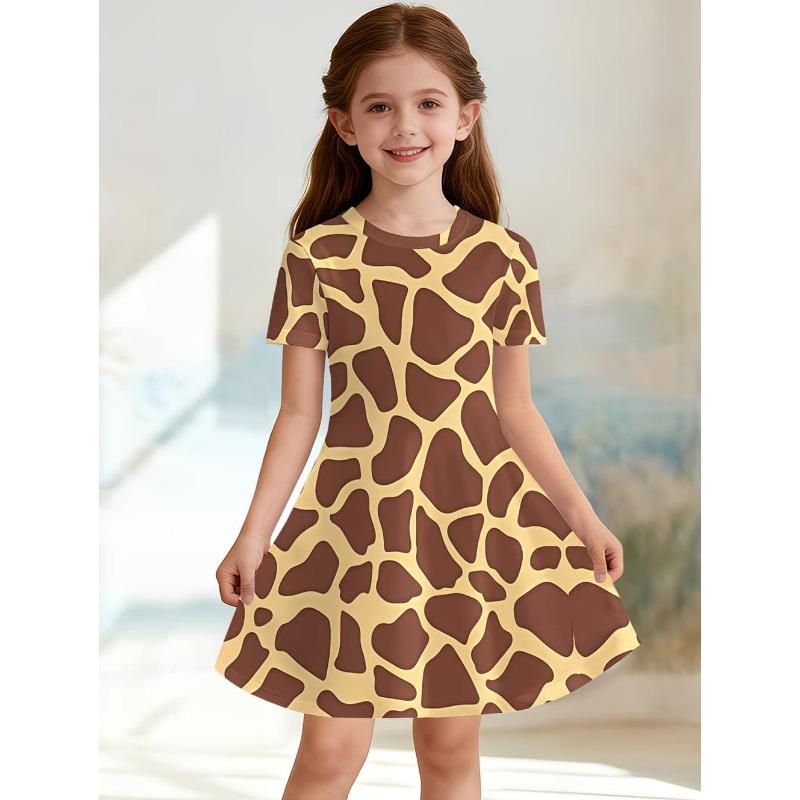 Leopard Print Summer Girls Dress Short Sleeves All Printed Frocks Cute A-Line Princess Dress for Young Girls