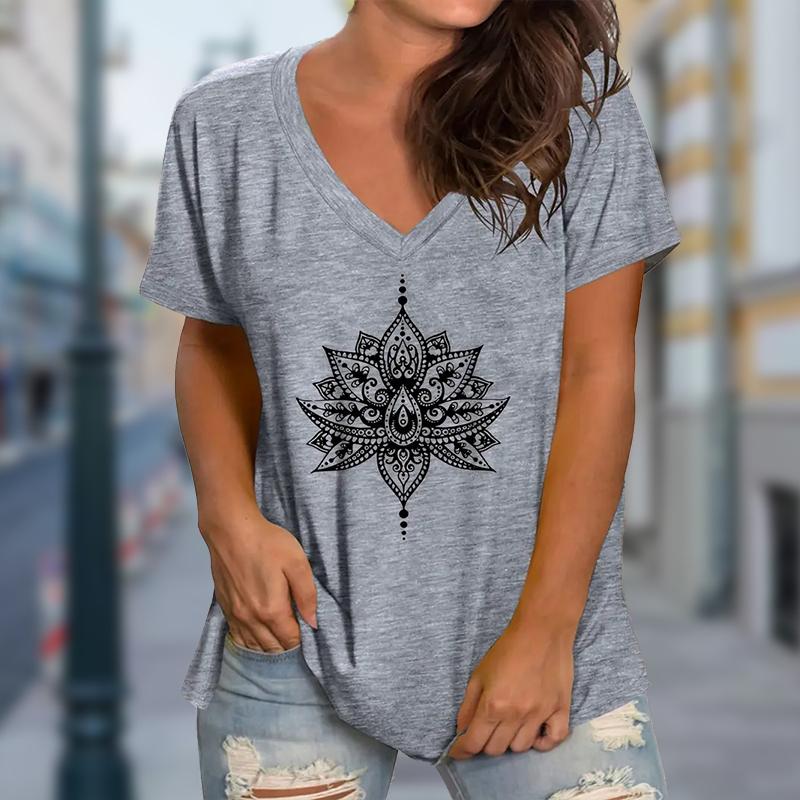 

Блузки с рисунком лотоса, футболки с коротким рукавом и V-образным вырезом, повседневные 2XL серый