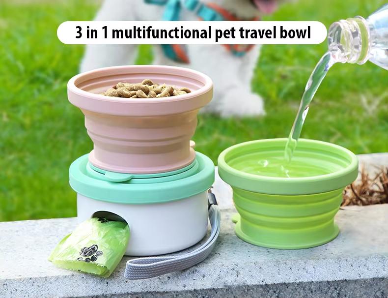 3-in-1 Portable Dog Water Bottle - Pet Travel Drink Dispenser with Food Feeder & Poop Bag Holder , for Walking, Hiking, Travel