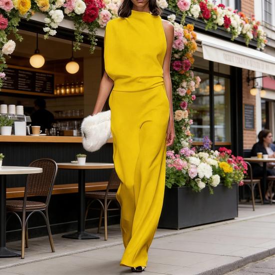 One Piece Jumpsuits for Women Casual Sleeveless Mock Neck Wide Leg Rompers Summer Ruched Vacation Outfits with Pockets