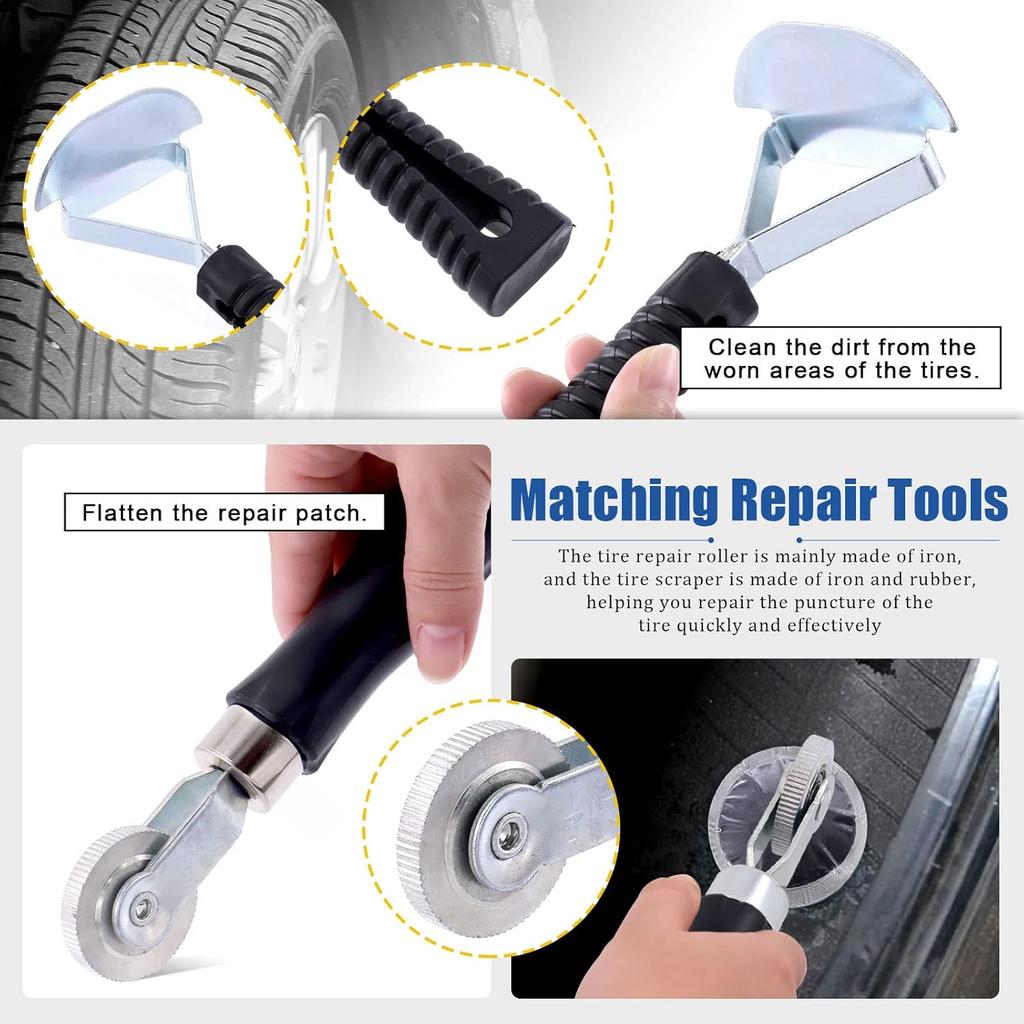 Glarks 26Pcs Tire Repair Patch Tool Kit Including 1Pc Tire Patch Roller, 1Pc Tire Inner Liner Scraper and 24Pcs 4mm/6mm/9mm Tire Repair Patch Plug