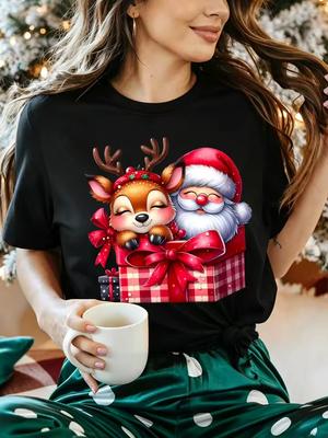 Christmas Santa Reindeer Womens T Shirt Cute Gift Box Holiday Xmas Graphic Tee Short Sleeve Casual Daily Street Ladies Tops