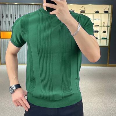 Sommer Herren Textur Gestreift Strick T-Shirt Rundhals Einfarbig Freizeitshirt Halbarm Dehnbar