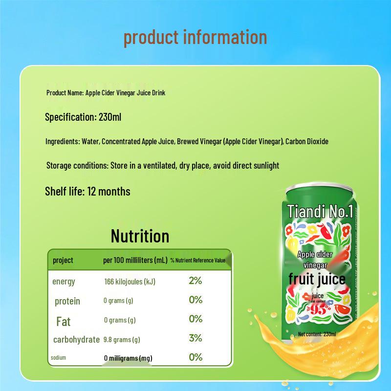 Tiandi No.1 Apple Cider Vinegar Juice Gift Box, 15 Cans (230ml Each), 95% Juice Content