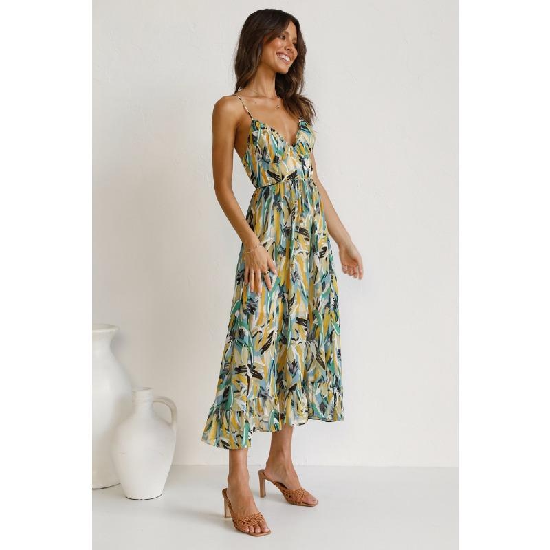 Summer Women's Printed Black Ear Sling Dress