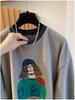 Women's 2025 Cartoon Print Woolen Long Sleeve T-shirt: Loose, Warm, Plus Velvet, Brushed Inner Layer