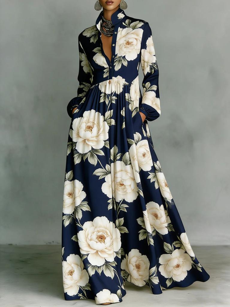 Women's Floral Print Maxi Shirt Dress Long Sleeve Button Front Casual Flowy Dress