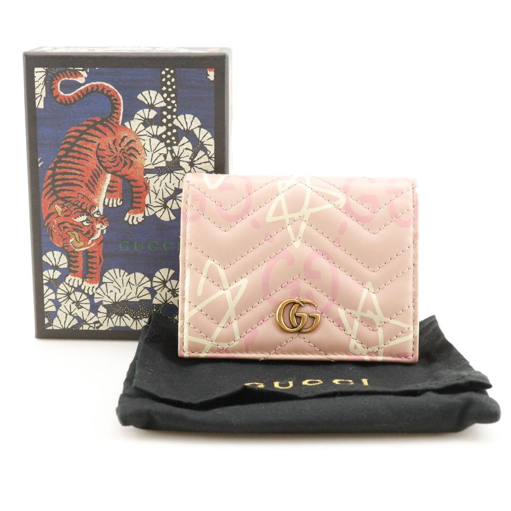 Gucci Compact Wallet Bi-Fold Wallet 449421 GG Ghost Card Case Pink Leather Women Used
