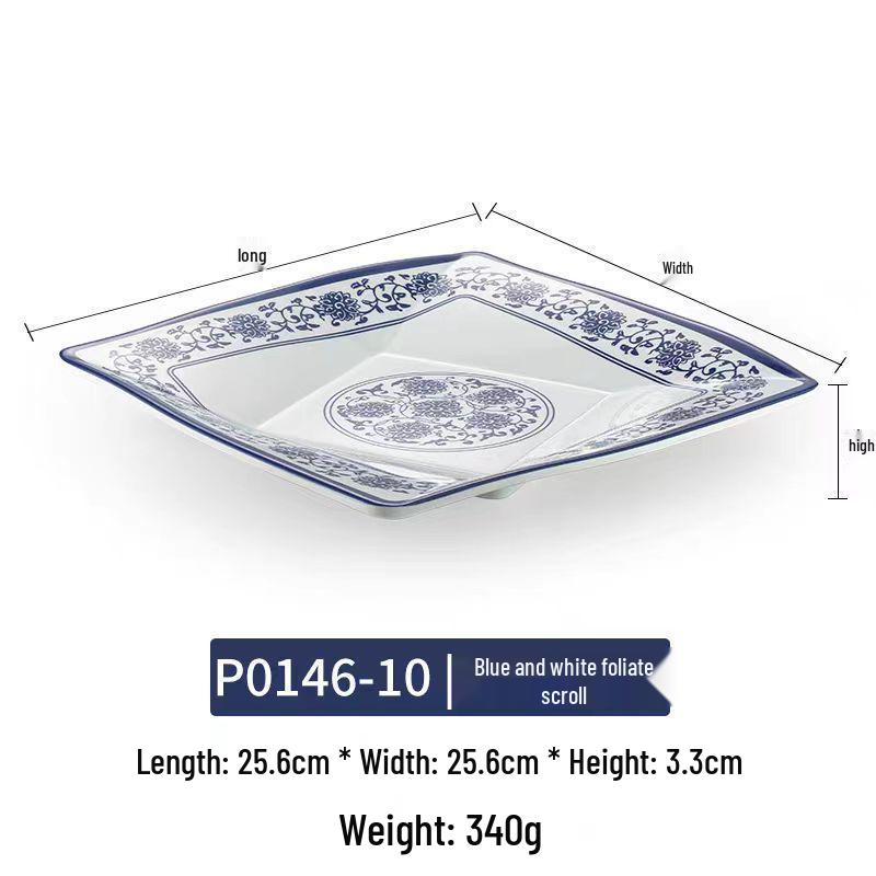 Melamine Blue & White Porcelain Square Plate for Hotels & Restaurants - Stir-Fry, Fast Food, Cold Dishes, Rice Bowl, Commercial Use.