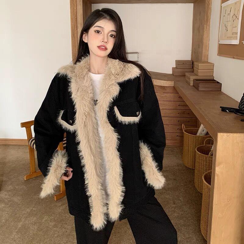 Padded High-end Denim Jacket Women's Imitation Lamb Wool Splicing Medium and Long Cotton-padded Clothing Age-reducing Thickened Thermal Top Winter