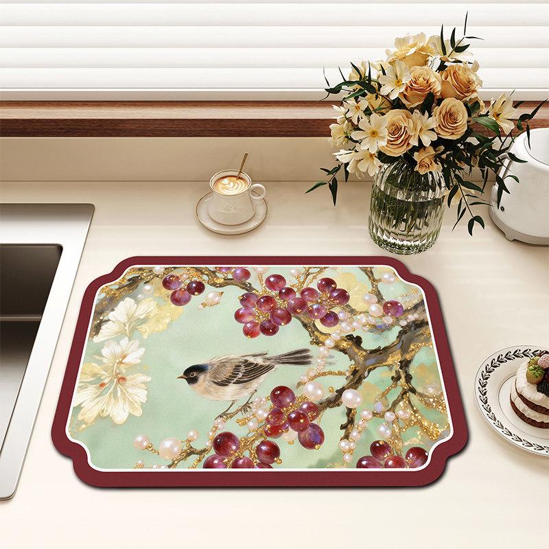Chinese-Style Irregular Flower & Bird Diatom Mud Coffee Mat: Stain-Resistant, Easy-Clean, Non-Slip Kitchen Draining Mat