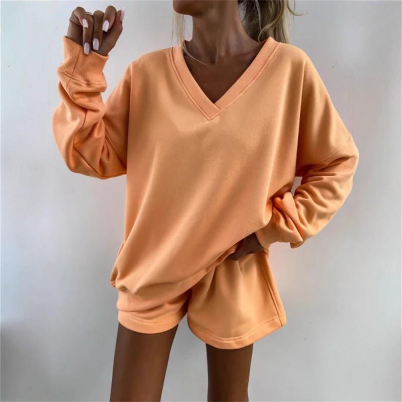 Womens Casual Striped 2-Piece Set Long Sleeve V-Neck Loose Top Cropped Shorts Streetwear Outfit
