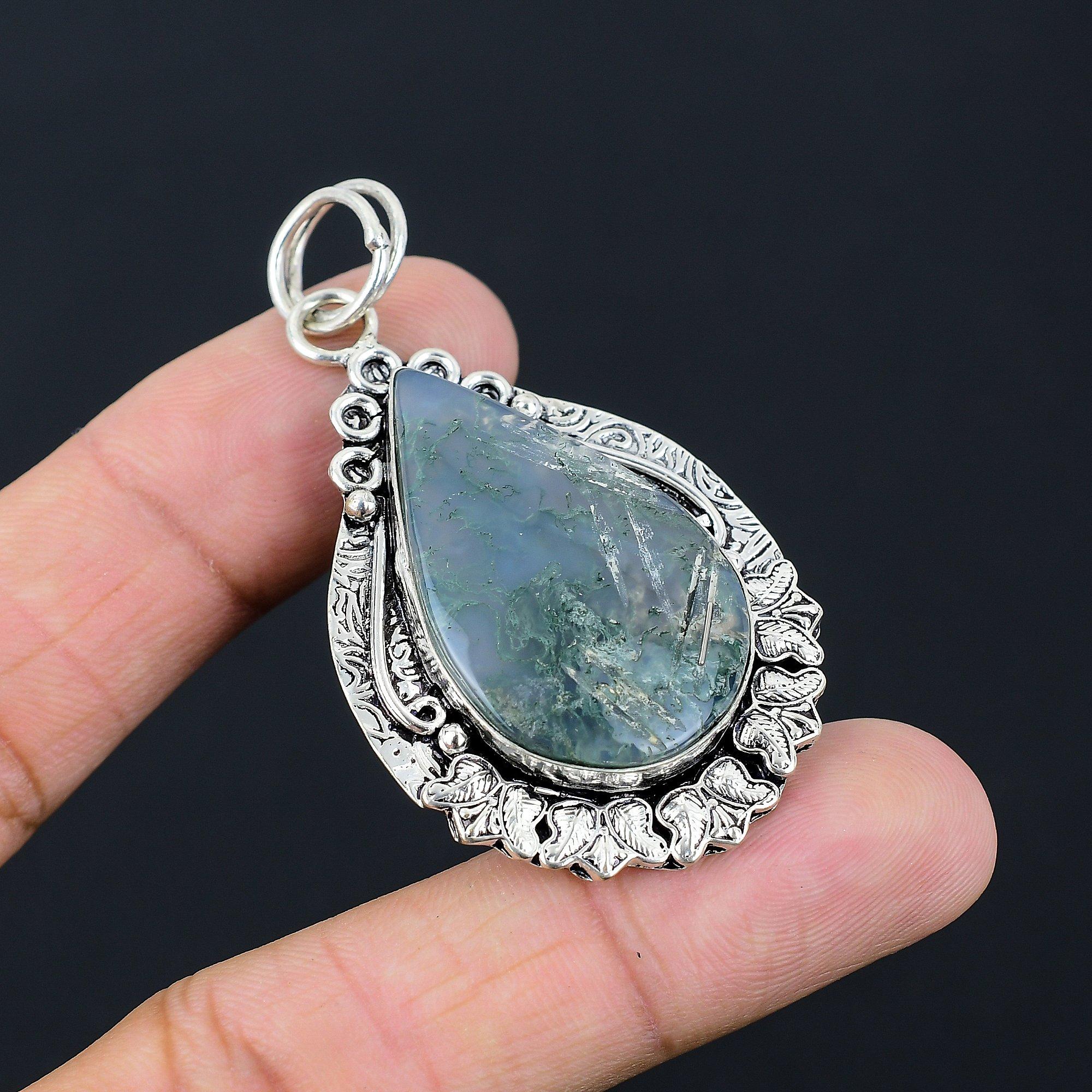 

Pear Natural Solar Moss Agate Engagement Birthday Pendant 925 Sterling Silver