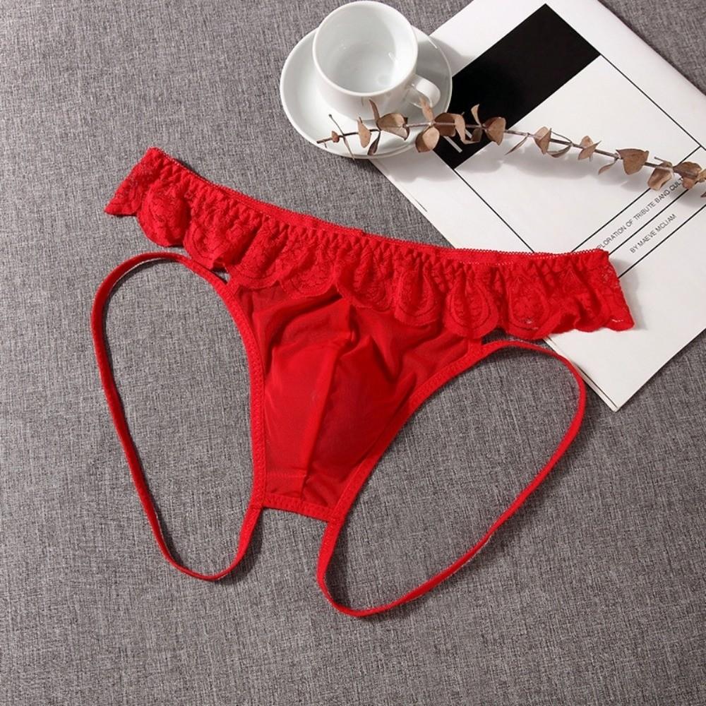 Underpants Men's Sheer Lace Panties Ruffle Belt Male Open Crotch Briefs Newlywed