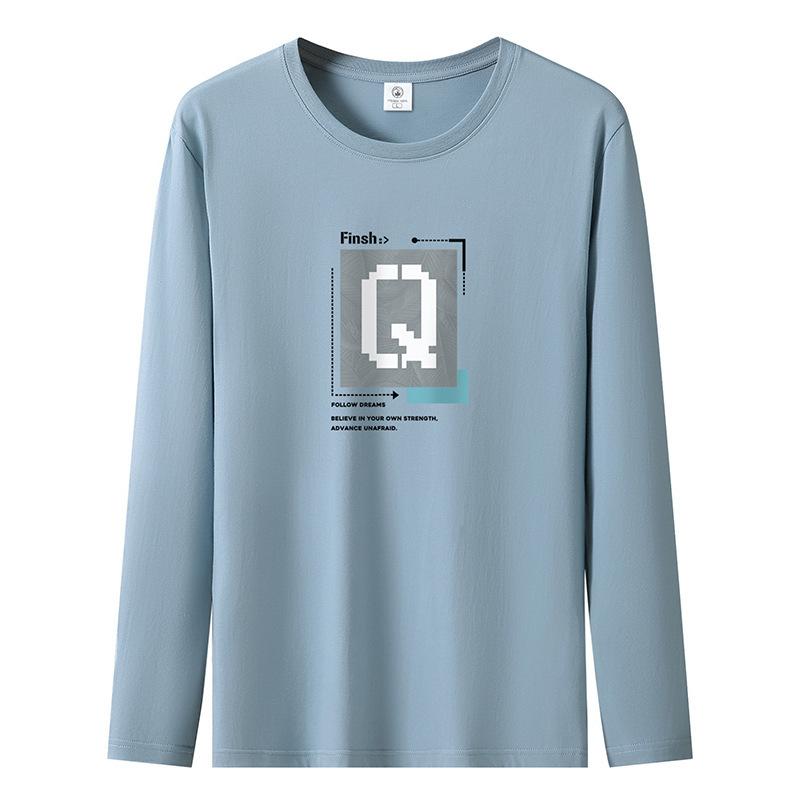 Q Pattern Mens Long Sleeved Tee Shirt Pure Cotton Plus Size Man Casual Pullovers
