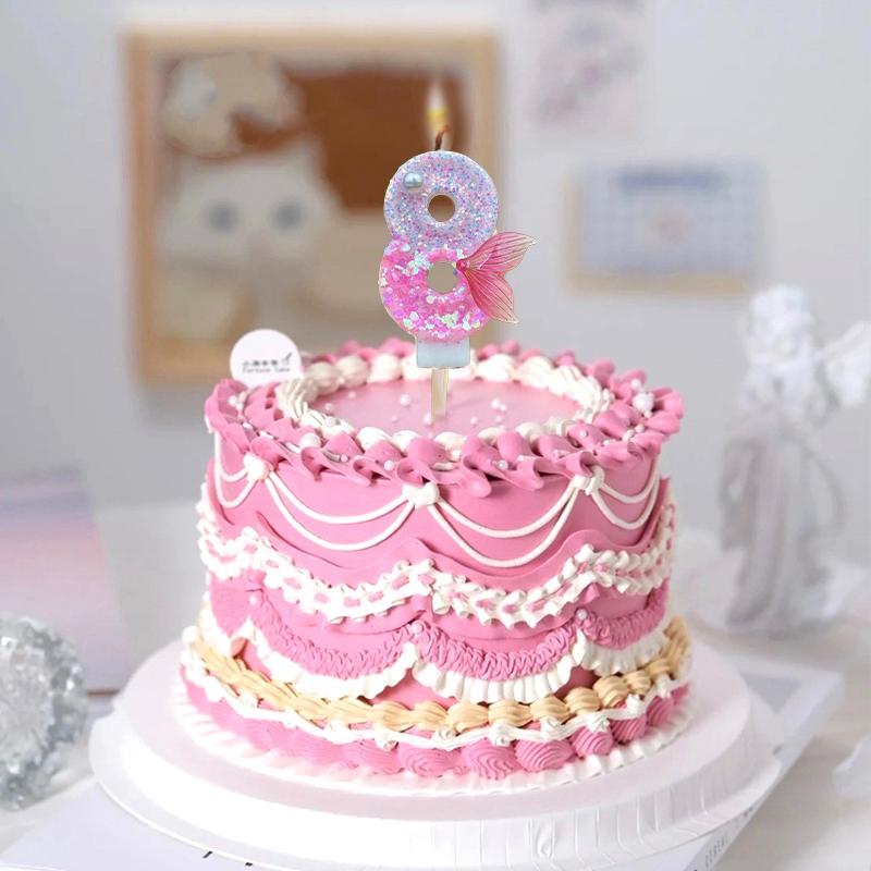 3D Pink Fishtail Number Candles Birthday Cake Candles Digital Candle Decor Cake Topper Birthday Party Anniversary Decoration