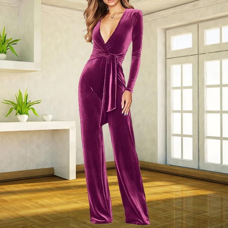 Damen V-Ausschnitt Langarm Samt Wickel-Jumpsuit Mit Taillenband Weiter Beinschnitt