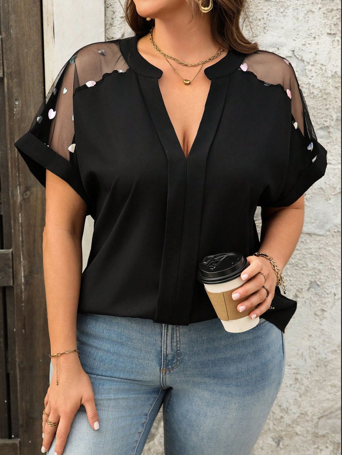 

Women s Short Sleeve V Neck Mesh Shoulder Detail Top Multi Colors 0XL чёрный