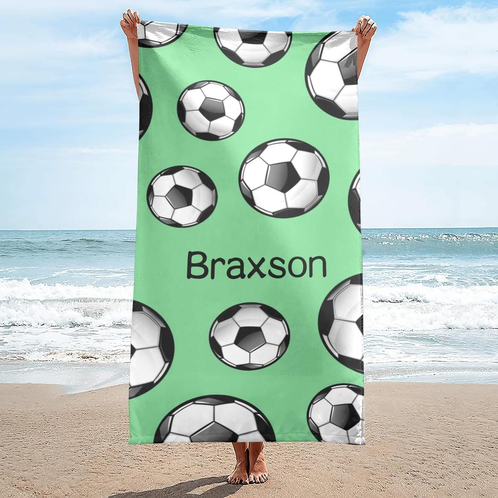 Personalisierte Strandtücher mit Namen für Erwachsene und Kinder, Sport-Thema Fußball, Personalisierte Badetücher für Reisen, Schwimmen, Strand, Fitnessstudio, Sport