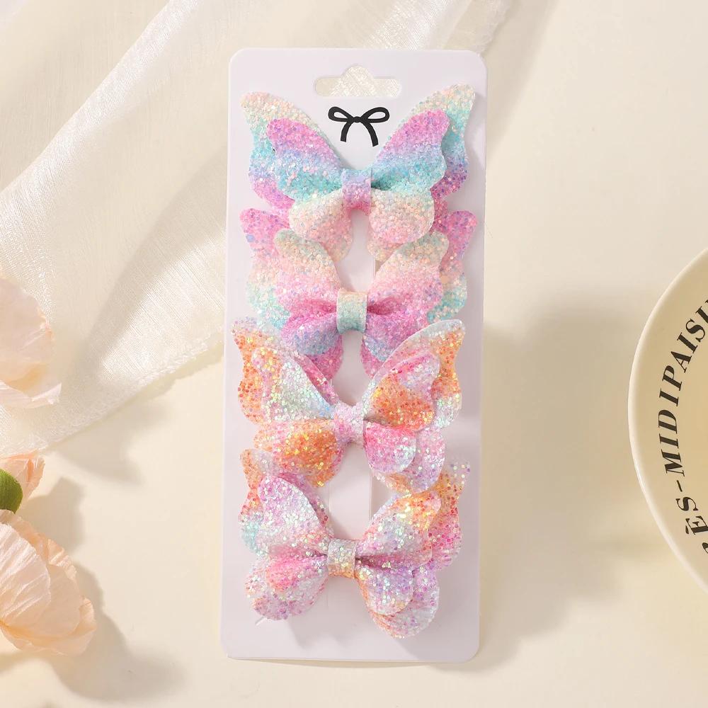 4Pcs/set Cute Sequins Double Butterfly Hair Bows Clip for Baby Girls Leather Kids Hairpins Barrettes Headwear Hair Acesssories