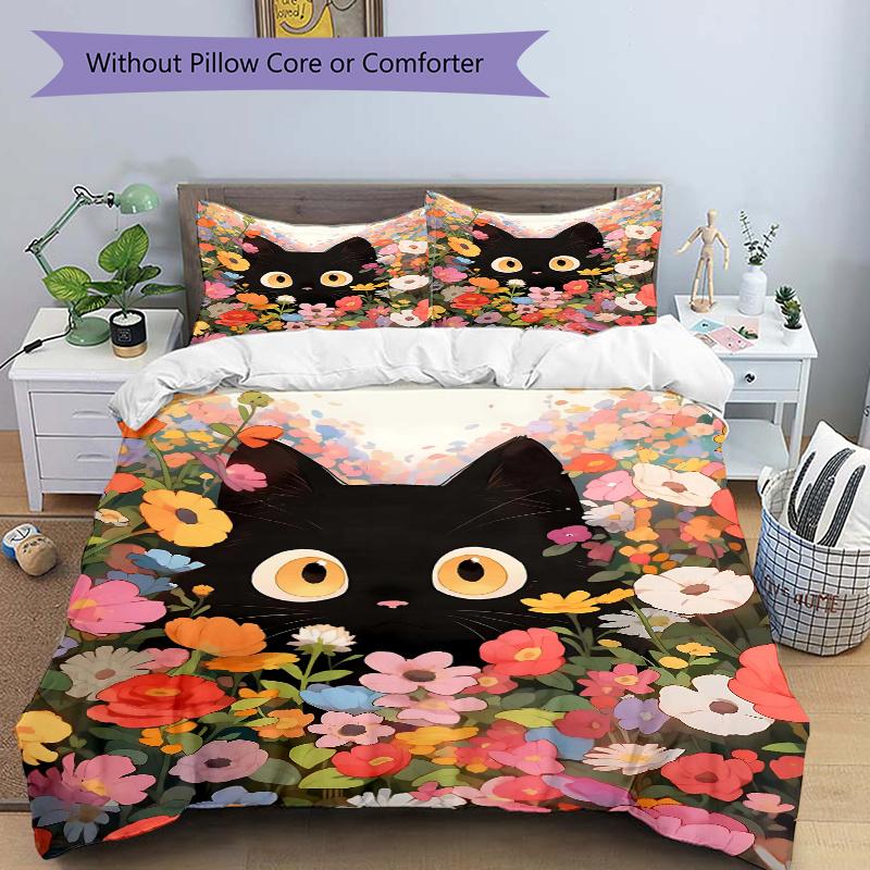 

3pcs Flowery Black Cat Printed Quilt Set - Includes 1 Quilt Cover and 2 Pillowcases, Machine Washable - Suitable for All Seasons.N037 135x200cm