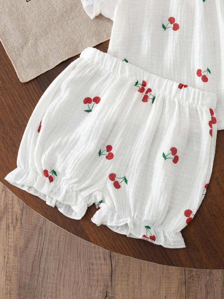 Baby Girl Cherry Print 3PCS Outfit Set with Hat