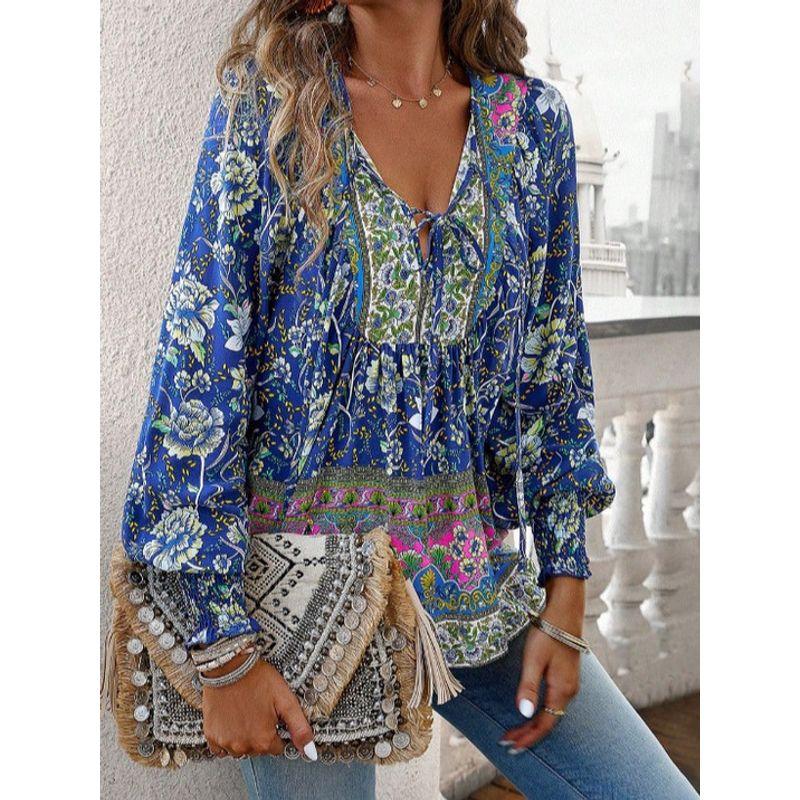 Fall Bohemia New Arrival French Romantic Print Fashion V-neck Lace-up Loose Bubble Long Sleeve Shirt Top