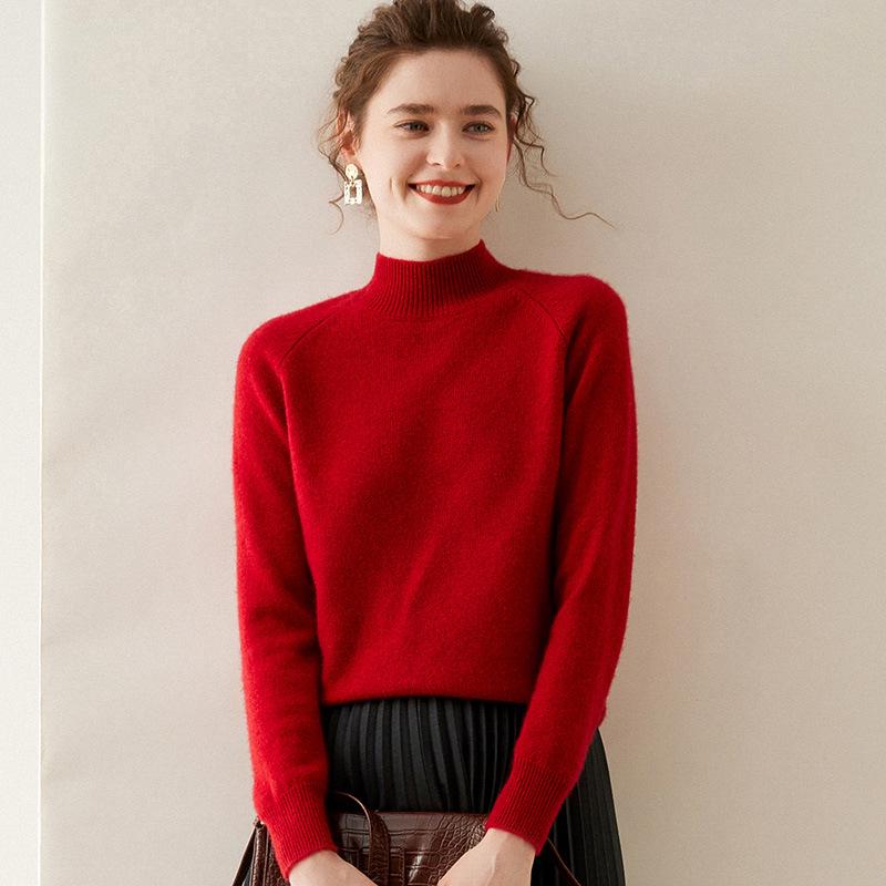 Women's Winter Cashmere Sweater: Half-High Collar, Thick, Skin-Friendly, Solid Color, Loose Fit, Wool Insert Sleeves, Knit Base Layer