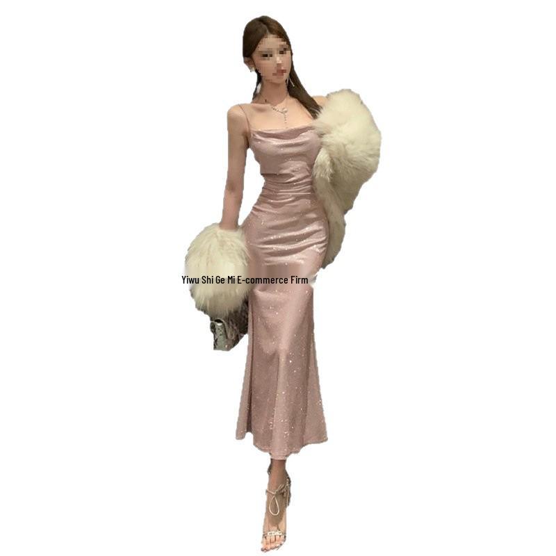 2024 Französisches Society-Glitzer-Rückenfreies Fishtail-Kleid für Damen
