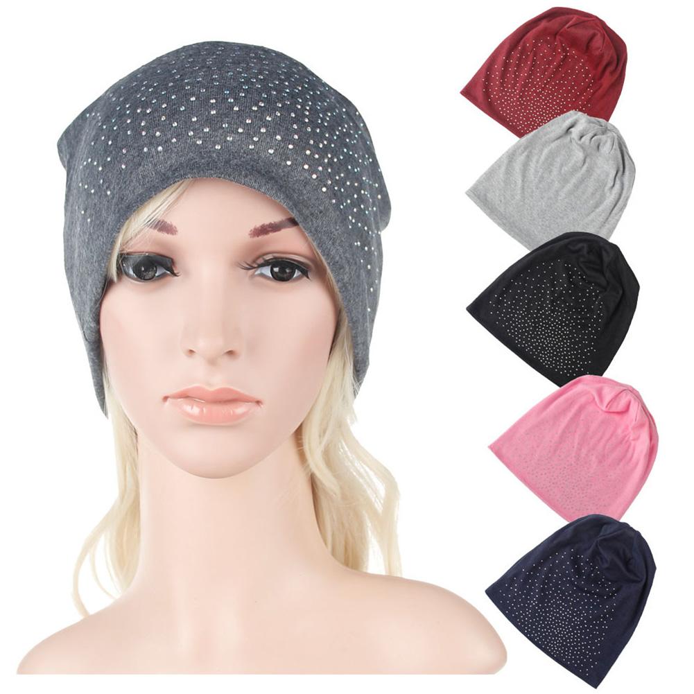 Women Soft Knitted Cotton Beanies Hot Drilling Sleep Cap for Hairloss Cancer Chemo