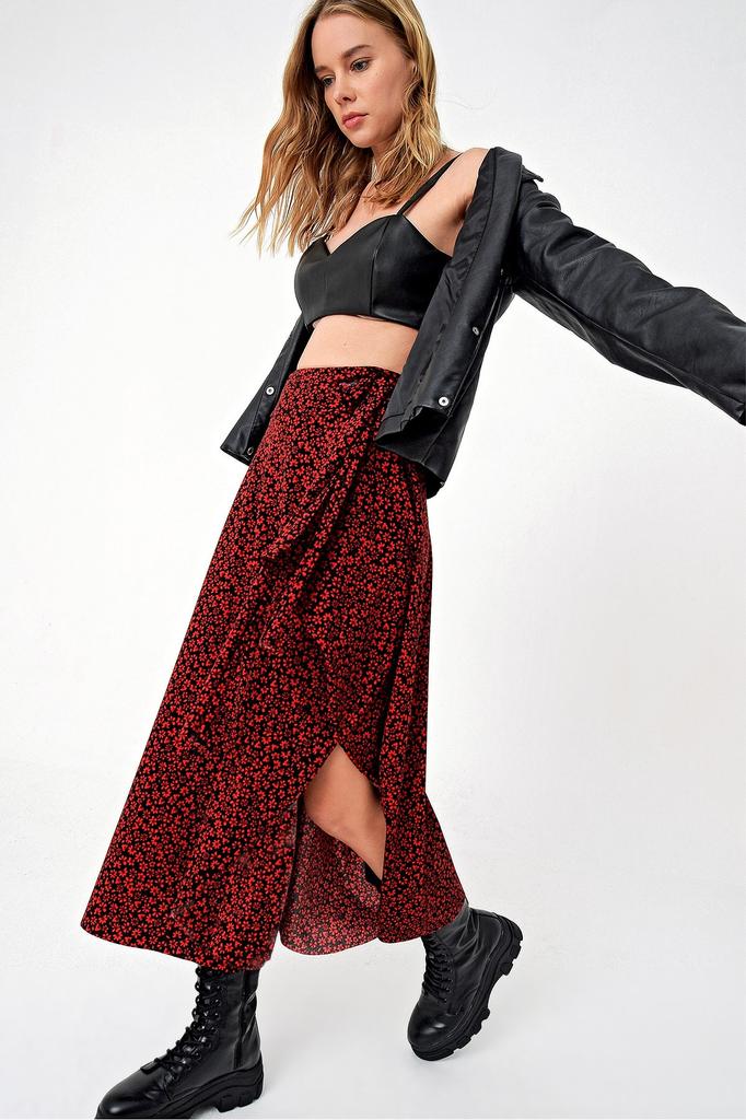 Women's Skirt New Season Fashion Black Patterned Asymmetric Cut Tie Waist Skirt