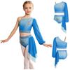 Children‘s Sparkle Gradient Rhinestone Dancewear One Shoulder Long Puff Sleeve Top with Applique Asymmetrical Draped Skirt for Recital Performance