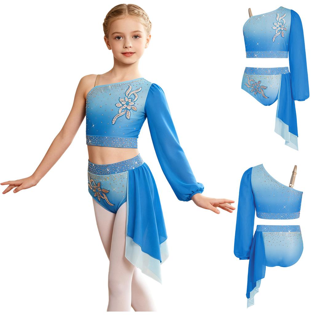 Children‘s Sparkle Gradient Rhinestone Dancewear One Shoulder Long Puff Sleeve Top with Applique Asymmetrical Draped Skirt for Recital Performance