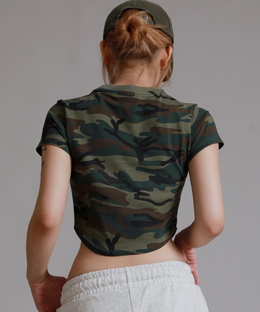 NAJBARDZIEJ Lubię Wojskowy Kamuflaż Okrągły Dekolt Krótki Pół-T-shirt_Khaki