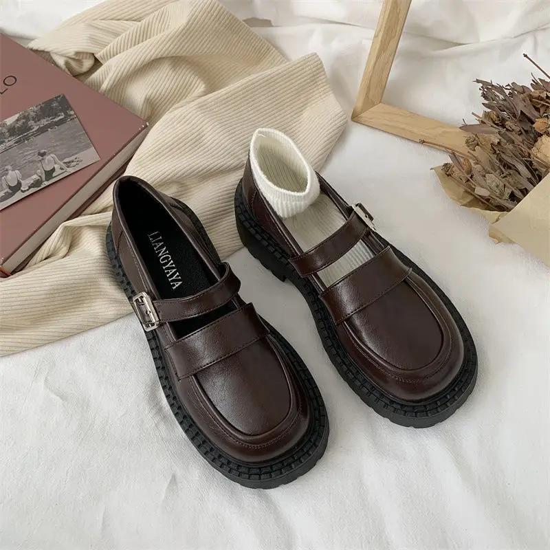 Fashion Brown Luxury Leather Casual Round Toe Ladies Footwear Japanese Style Lolita Gothic Women's Shoes Platform Buckle Mary Jane 39 E