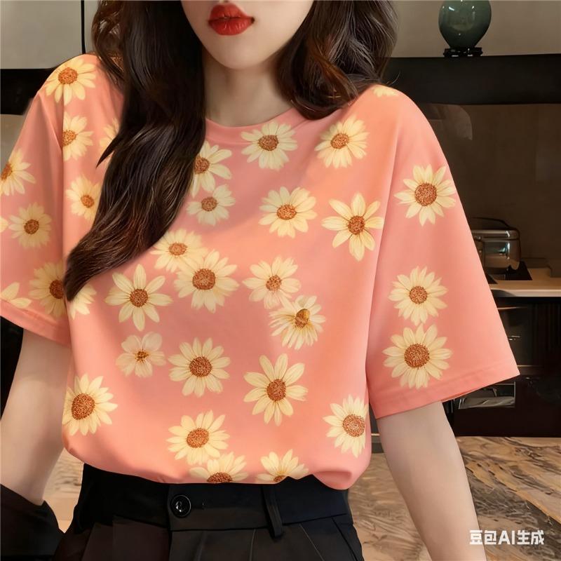 

Women s T-shirt plant flower round neck short sleeved summer casual top XS