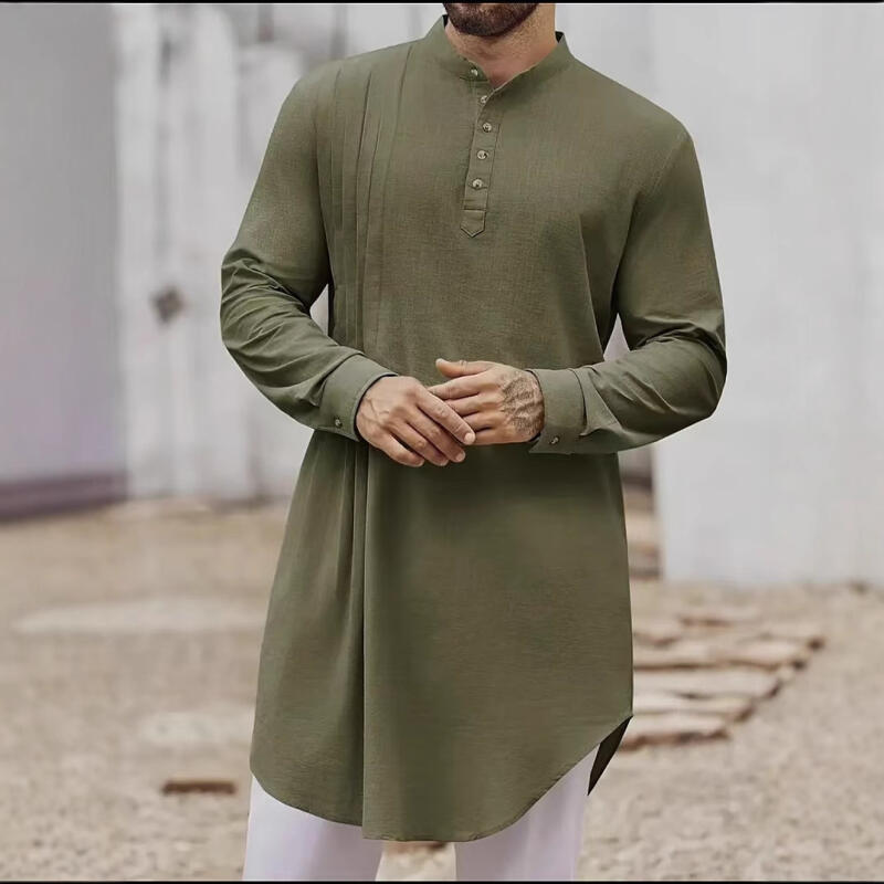 Men's Muslim Dress Long-Sleeved Clothing Cotton Pullover Kaftan Robe Men Pakistan Muslim Robe Saudi Arab Caftan Islamic Top