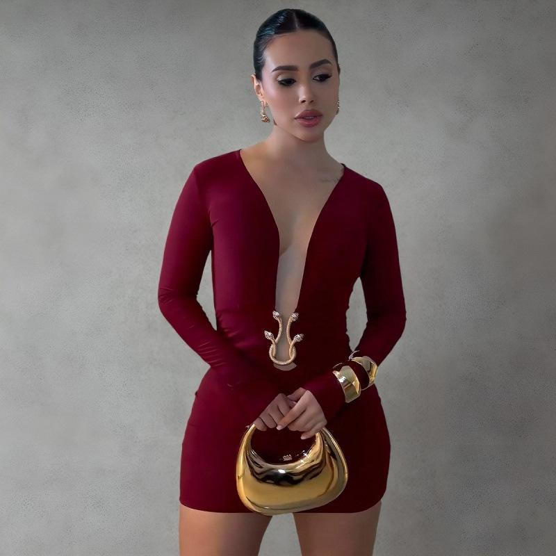 ZY European and American Independent Station Sexy Deep V Tight Skirt Metal Accessories Long Sleeve Hip Wrap Spice Girls Banquet Dress