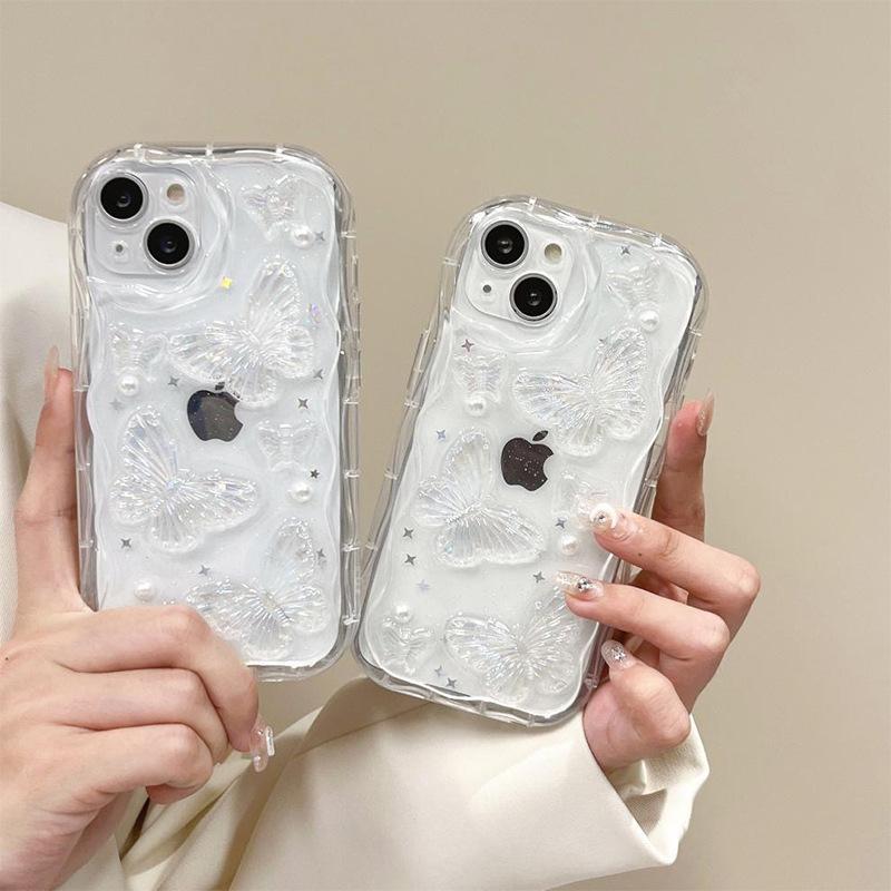 Wind Transparent Mobile Phone Case For Iphone15Promax Pearl Butterfly Apple 17 Sequins Wavy 13