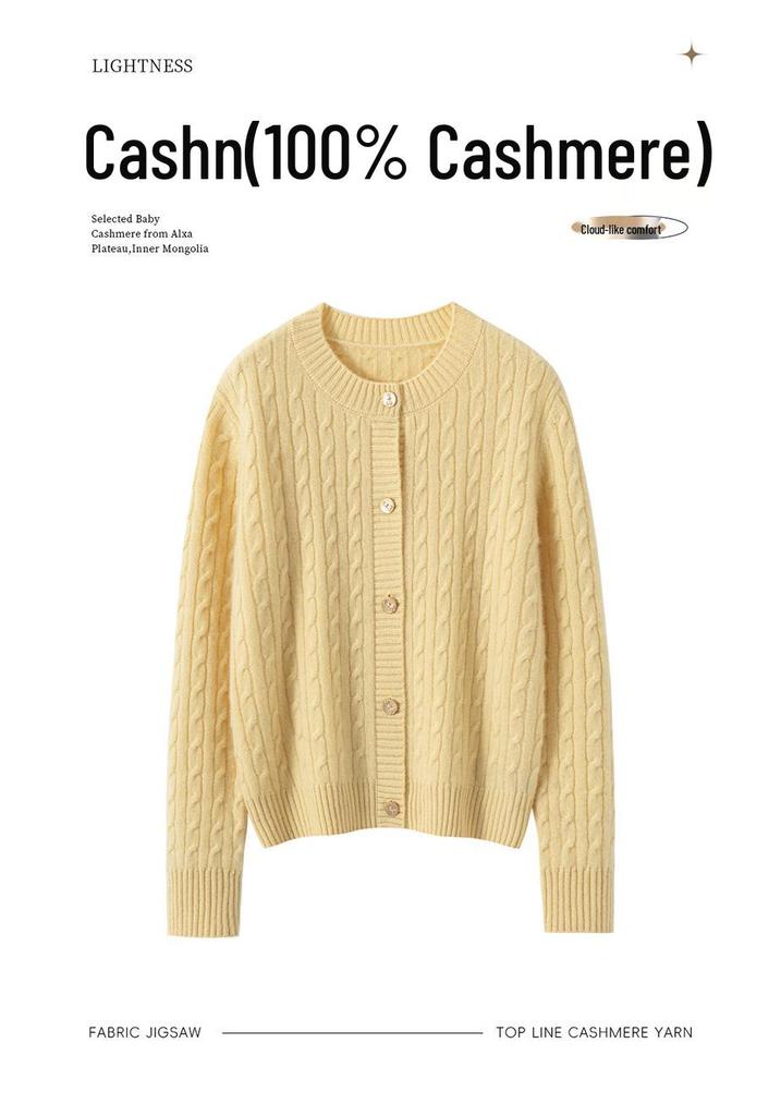 Women's 100% Pure Cashmere Cable Knit Rabbit Button Cardigan, Autumn/Winter 2025 Collection, Round Neck, Loose Fit Sweater Coat.